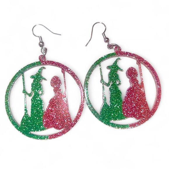 Wicked For Good Elphaba Glinda Glittery Pink Green Broom Wand Dangle Earrings - Picture 1 of 4